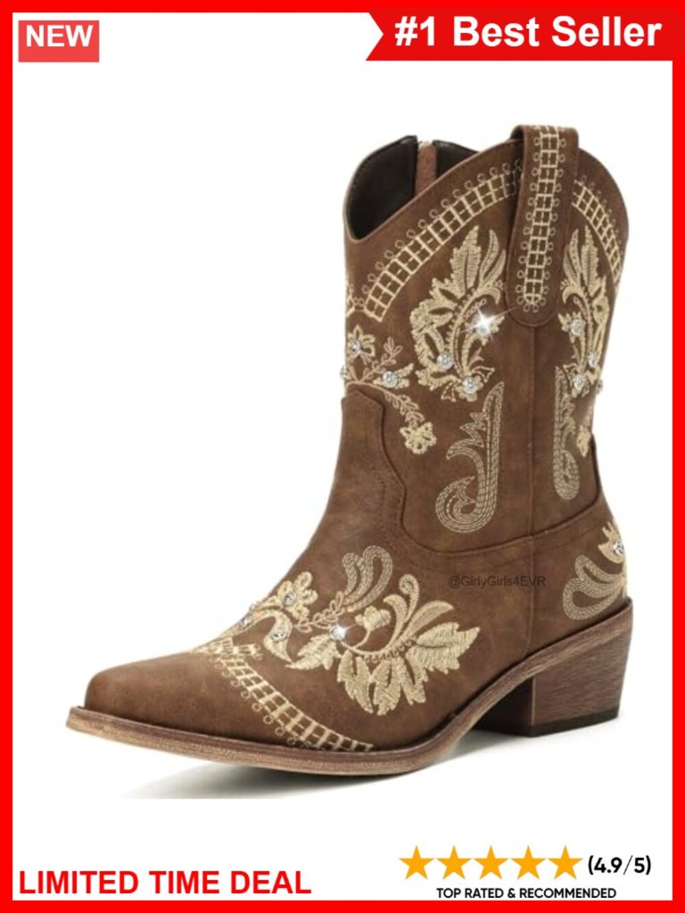 Western Cowboy Ankle Booties Embroidered Rhinestone Pointed Toe Chunky Heel